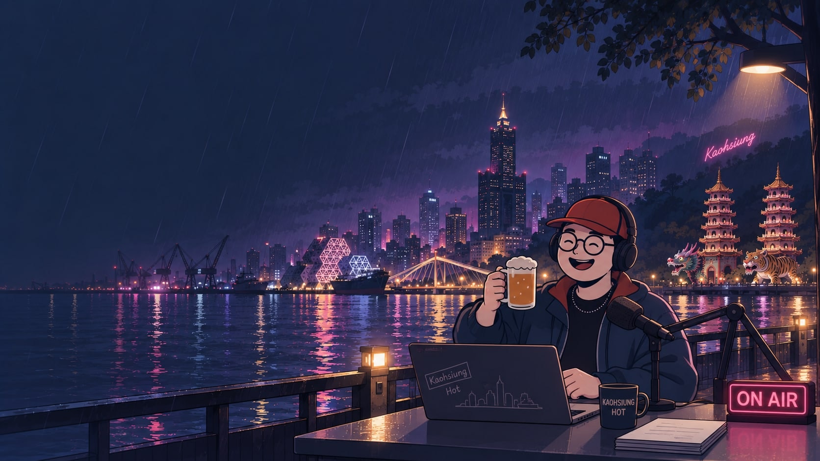 高雄熱主持人在高雄港邊的雨夜錄音場景,背景是高雄港、85 大樓與龍虎塔